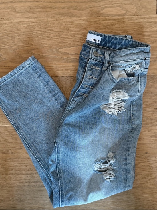 Vervet Denim - Women's Light Blue Distressed High-Rise Button Jeans Straight Leg